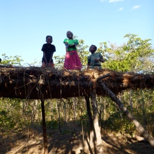 Maria, Chola, and Katongo atop a big groundnut drying rack
