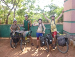 The biking quartet arrives at the entrance to Lumangwe Falls.