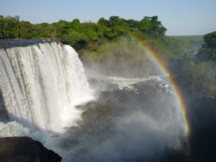 Rainbow over Lumangwe Falls on our last morning of camping. I took it as a good omen, but that day proved to be one of the toughest of my trip: 90 hot, sweaty, bone-shaking kilometers on the worst road I'd ever seen in Zambia.